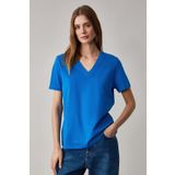 GRIMELANGE ALINE Kadın %100 organik Pamuk Derin V Yakalı Comfort Fit Parlament Mavi T-Shirt