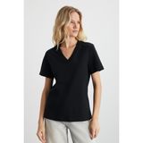 GRIMELANGE Alıne Kadın %100 Organik Pamuk Derin V Yakalı Comfort Fit Siyah T-shirt
