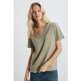 Grimelange Aline Kadın%100 Organik Pamuk Derin V Yakalı Comfort Fit T-shirt, Bej, XL