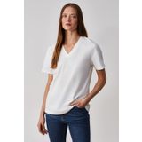 Grimelange Aline Kadın%100 organik Pamuk Derin V Yakalı Comfort Fit T-Shirt, Beyaz, XS