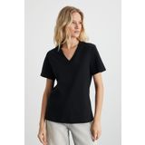 Grimelange Aline Kadın%100 Organik Pamuk Derin V Yakalı Comfort Fit T-shirt, Siyah, XL