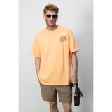 Grimelange Alonzo Erkek Oversize Fit %100 Pamuk Nakışlı ve Baskılı Turuncu T-Shirt