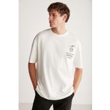 Grimelange Alonzo Erkek Oversize Fit%100 Pamuk Nakışlı Ve Baskılı Ekru T-Shirt