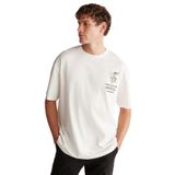 Grimelange Alonzo Erkek Oversize Fit%100 Pamuk Nakışlı Ve Baskılı T-shirt, Ekru, 2XL