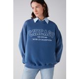 GRIMELANGE Amelıa Kadın Yumuşacık Içi Polarlı Örme Parça Baskılı Şehir Temalı Oversize Mavi Sweatshirt