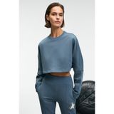 GRIMELANGE ANOUK Kadın Pamuklu Baskı Ve Patch Detaylı Bisiklet Yaka Crop Petrol Mavisi Sweatshirt