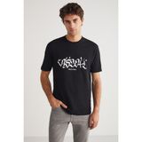 Grimelange ANSU Erkek Bisiklet Yaka %100 Pamuk Parlak Baskı Detaylı Siyah T-Shirt