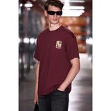 Grimelange Antonıo Erkek Baskı Detaylı %100 Organik Pamuk 3 Iplik Örme Oversize Bordo T-Shirt - XL