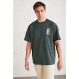Grimelange Antonıo Erkek Baskı Detaylı %100 Organik Pamuk Örme Oversize Yeşil T-shirt - 2XL