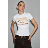 GRIMELANGE ARELUNA Kadın Organik Pamuklu Bisiklet Yaka Kısa Kollu Slim Fit Beyaz T-Shirt