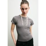 GRIMELANGE ARTPO Kadın Yumuşak Ve Esnek Kumaşlı Bisiklet Yakalı Slim Fit Gri T-Shirt