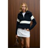 Grimelange AUDAZ Kadın Fermuarlı Dik Yakalı Uzun Kollu Relaxed Fit Triko Lacivert / Ekru Kazak - Lacivert - Ekru - L - XL