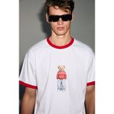 GRIMELANGE BAMSI Erkek %100 Organik Pamuklu Kontrast Yakalı Dünya Kupasına Özel Baskılı Beyaz T-Shirt