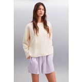 GRIMELANGE Basıl Kadın Oversize %100 Organik Pamuk Örme Uzun Kol Bej T-shirt