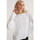 Grimelange Basıl Kadın%100 Pamuk Bisiklet Yaka Oversize Fit Uzun Kollu Beyaz T-Shirt