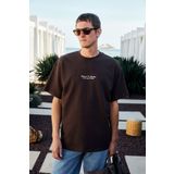 GRIMELANGE BENZO Erkek Ön Arka Baskı Detaylı %100 Organik Pamuk Oversize Kısa Kollu Koyu Kahverengi T-Shirt
