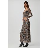 GRIMELANGE BEULAH Kadın Maxi Boy Slim Fit Beli Lastikli Tül Batik Desenli Leopar Desenli Etek