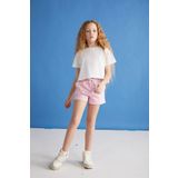 GRIMELANGE BITTEN-GRM24024 100% pamuk baskılı ve kontrast renk yakalı kısa kollu kız çocuk Pembe T-Shirt