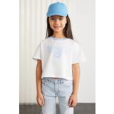 GRIMELANGE BITTEN Kız Çocuk %100 Pamuk Baskılı Kontrast Renk Yakalı Kısa Kollu Mavi T-Shirt
