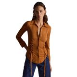 Grimelange Bogotan Kadın Slim Fit Vücudu Saran Süet Belden Bağlamalı Ipli Kahverengi Gömlek, XS