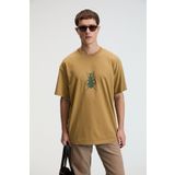 GRIMELANGE BOLD Erkek %100 Pamuk Oversize Fit Baskılı Kısa Kollu Yuvarlak Yakalı Koyu Bej T-Shirt