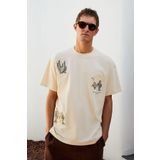 GRIMELANGE BOLICHE Erkek Bisiklet Yaka %100 Organik Pamuklu Oversize Fit Açık Bej T-Shirt