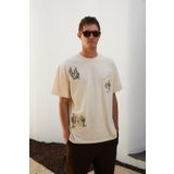 Grimelange Boliche Erkek Bisiklet Yaka%100 Organik Pamuklu Oversize Fit Açık Bej T-Shirt, 2XL