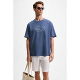 GRIMELANGE BONDIA Erkek Baskı Detaylı %100 Organik Pamuk Oversize Fit Bisiklet Yakalı Kısa Kollu İndigo T-Shirt