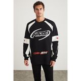 GRIMELANGE Breez Erkek Organik Pamuklu Oversize Parçalı Spor Baskı Detaylı Bisiklet Yaka Siyah Sweatshirt