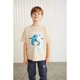 Grimelange BRODERICK-GRM24013 100% pamuk baskılı kısa kollu erkek çocuk t-shirt Bej T-Shirt - 9 - 10 Yaş