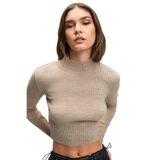 GRIMELANGE CALIDA Kadın Dik Yaka Fitilli Görünümlü Slim Fit Triko Bej Kazak