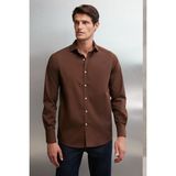 Grimelange Carlsten Erkek Slim Fit Italyan Yaka %100 Pamuk Poplin Acı Kahve Gömlek