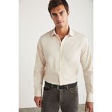 Grimelange Carlsten Erkek Slim Fit Italyan Yaka %100 Pamuk Poplin Açık Bej Gömlek