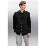 Grimelange Carlsten Erkek Slim Fit Italyan Yaka %100 Pamuk Poplin Siyah Gömlek