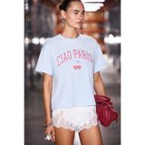 GRIMELANGE CIAETO Kadın %100 Organik Pamuklu Bisiklet Yakalı Dokuma Garni Nakışlı Mavi T-Shirt