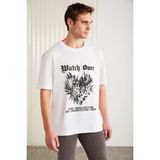 GRIMELANGE Clıent Erkek %100 Organik Pamuklu Regular Fit Baskı Detaylı Bisiklet Yaka Örme Beyaz T-shirt