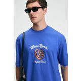 GRIMELANGE CRISP Erkek Oversize %100 Pamuk Baskılı Yuvarlak Yaka Saks Mavi T-Shirt