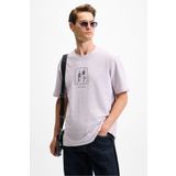 GRIMELANGE DAPPERLY Erkek Ön Baskı Ve Nakış Detaylı Organik Pamuk Bisiklet Yaka Regular Fit Lila T-Shirt