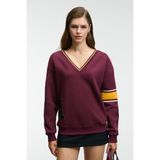 GRIMELANGE DIVINE Kadın V Yakalı Nakış Ve Patch Detaylı Bordo Sweatshirt