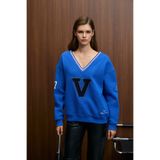 GRIMELANGE DIVINE Kadın V Yakalı Nakış Ve Patch Detaylı Mavi Sweatshirt