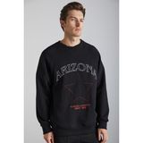 GRIMELANGE Domagoj Erkek Organik Pamuklu Western Baskılı Bisiklet Yaka Oversize Siyah Sweatshirt