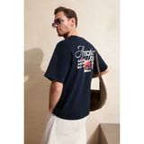 Grimelange DUKI Erkek Oversize Lacivert T-Shirt Pamuklu Bisiklet Yaka Kısa Kol Günlük Stil - 2XL