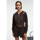 GRIMELANGE ELARA Kadın Metal Fermuarlı Nakışlı Kapüşonlu Crop Koyu Kahverengi Sweatshirt