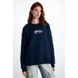 Grimelange Elınay Kadın Pamuklu Oversize Fit Ön Arka Baskı Detaylı Koyu Mavi Sweatshirt - Koyu - Mavi
