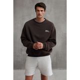 Grimelange Ernest Erkek Organik Pamuklu Yumuşacık Baskı Detaylı Bisiklet Yaka Içi Polarlı Kahverengi Sweatshirt