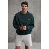 Grimelange Ernest Erkek Organik Pamuklu Yumuşacık Baskı Detaylı Bisiklet Yaka Içi Polarlı Koyu Yeşil Sweatshirt - Koyu - Yeşil - 2XL