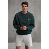 GRIMELANGE Ernest Erkek Organik Pamuklu Yumuşacık Baskı Detaylı Bisiklet Yaka Içi Polarlı Koyu Yeşil Sweatshirt