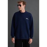 GRIMELANGE Ernest Erkek Yumuşacık Içi Polarlı Baskı Detaylı Organik Pamuk Oversize Lacivert Sweatshirt