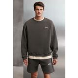 Grimelange Ernest Erkek Yumuşacık Kumaşlı Oversize Fit Yuvarlak Yakalı Baskılı Gri Sweatshirt