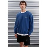 Grimelange Ernest Erkek Yumuşacık Kumaşlı Oversize Fit Yuvarlak Yakalı Baskılı Sweatshirt, Mavi, XL